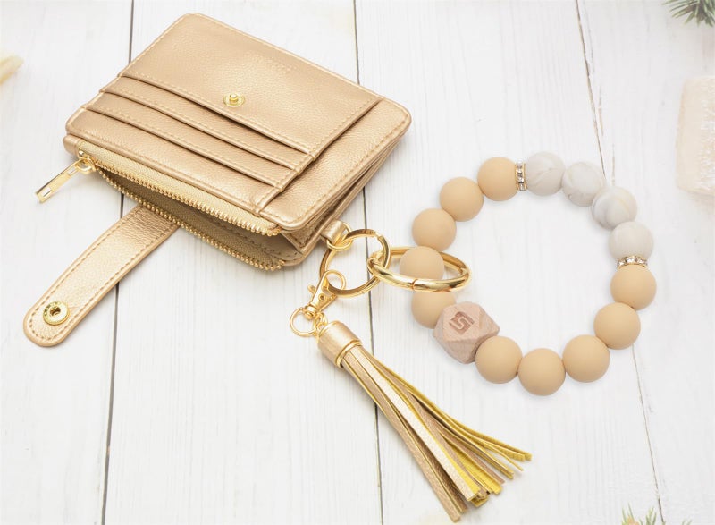 COOLANS Wristlet Bracelet Keychain Pocket Credit Card Holder Purse Tassel Keychain Bangle Key Ring for Women (Silicone Bead Bracelet+Card Purse (Coffe gold)) - Image 4